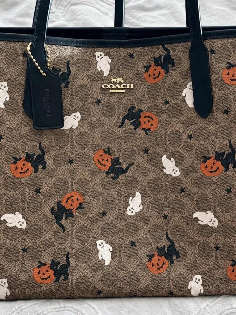Coach Brown Signature Halloween Tote with Black Trim and Orange & White Motifs